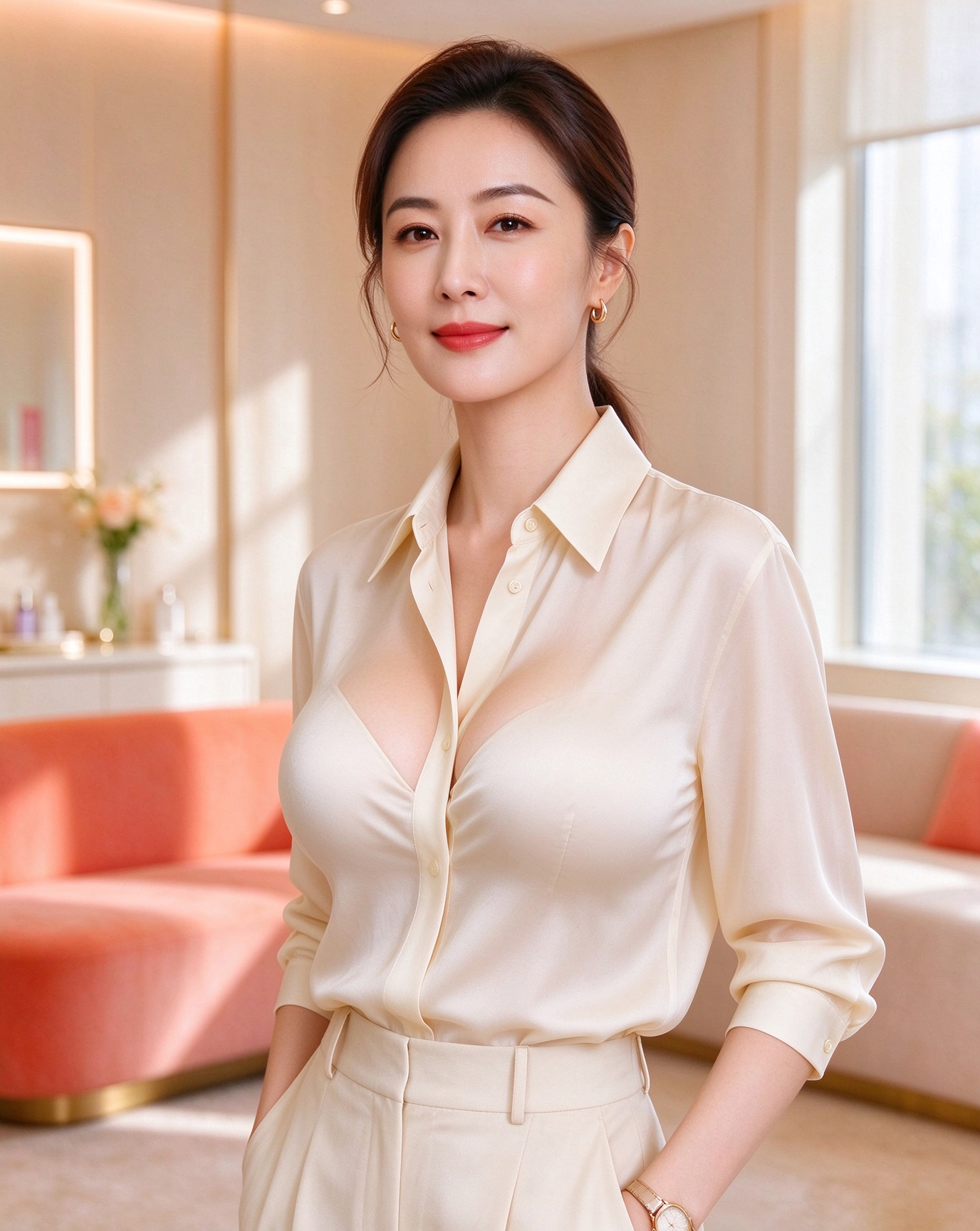 优雅自信的女性在温馨的高端医美咨询空间
